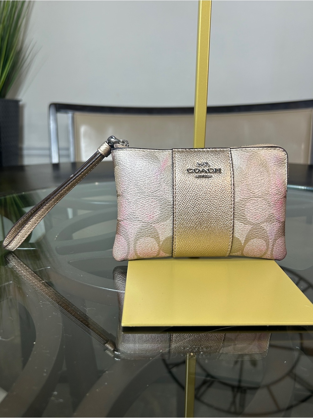 Coach Corner Zip Wristlet Metallic Iridescent Pink Signature Canvas Leather